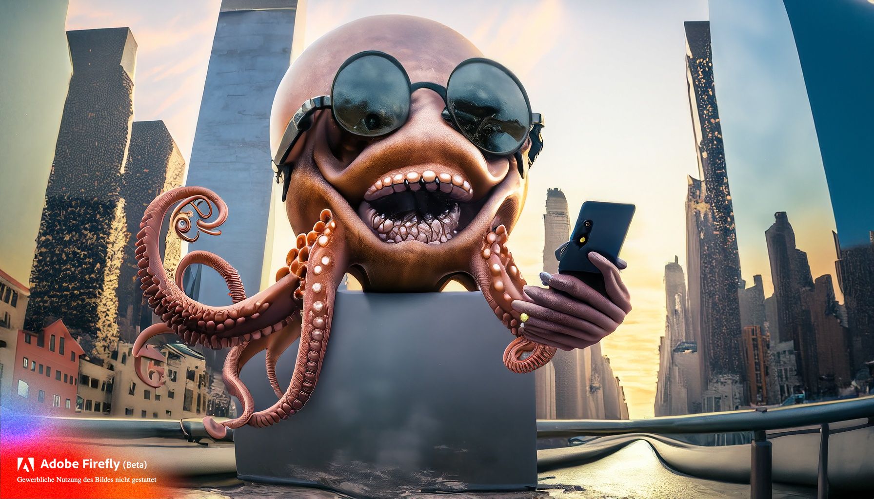 Firefly Riesiger grinsender Oktopus mit Smartphone und Smartwatch dringt in New York City ein 28216 776dc571